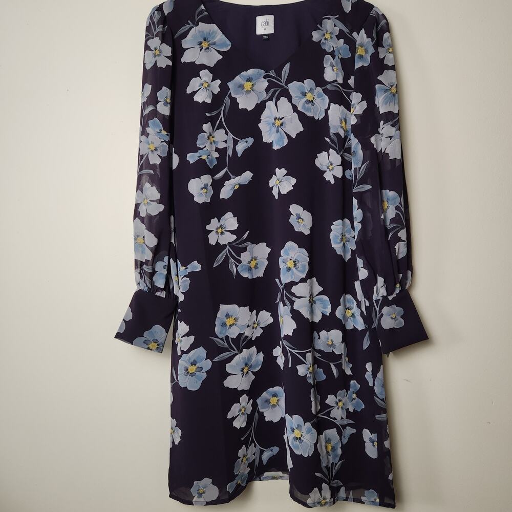 Cabi 4018 Ellery Dress Blue Floral Long Sleeve Sheer Sz M